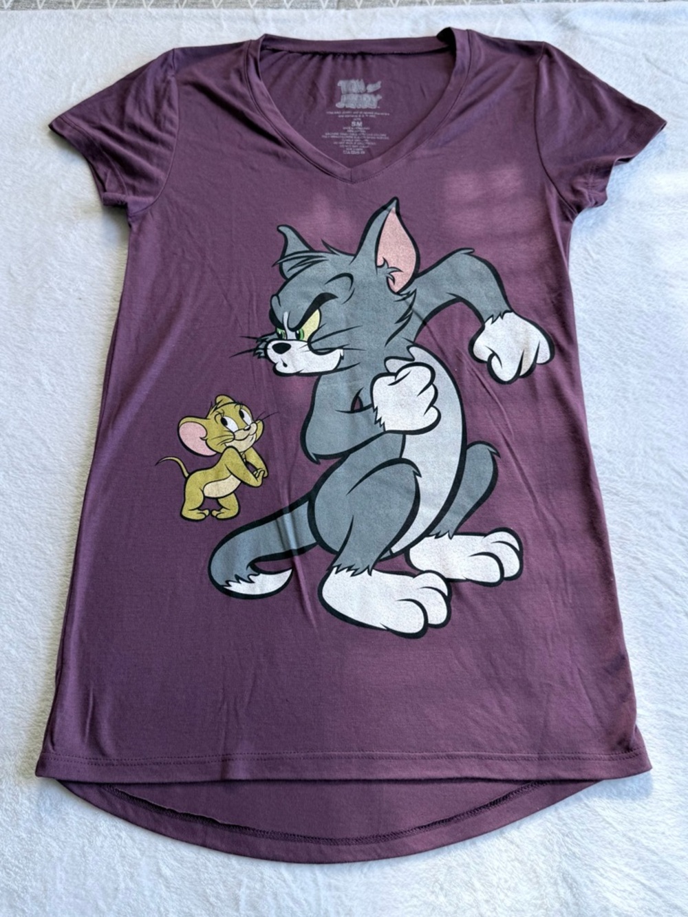 Tom & Jerry Women's Purple Graphic V-Neck Tee Small